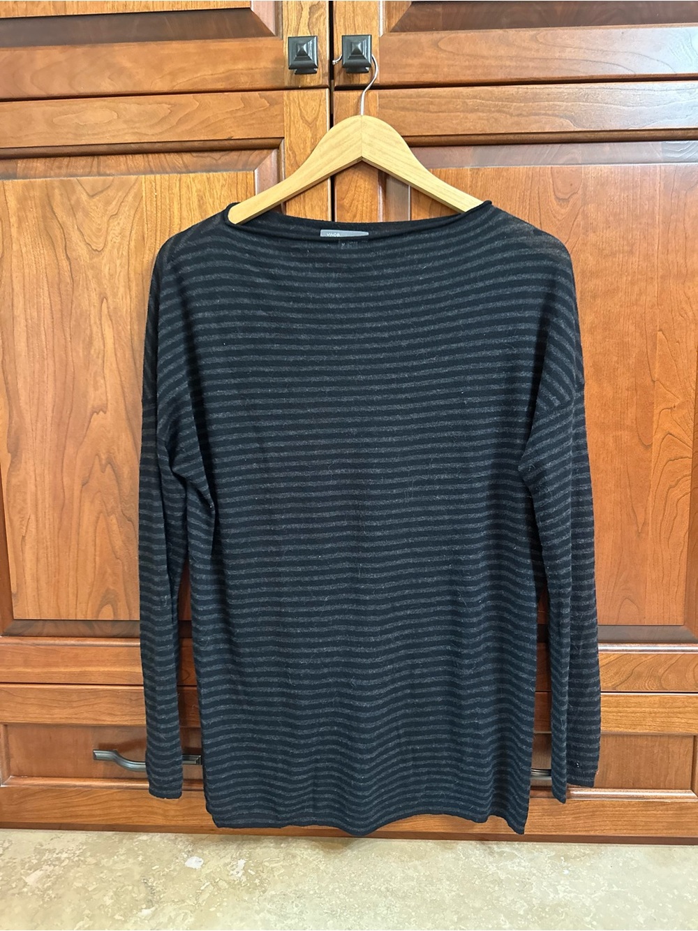 Vince Black & Charcoal Striped boatneck tissue weight sweater